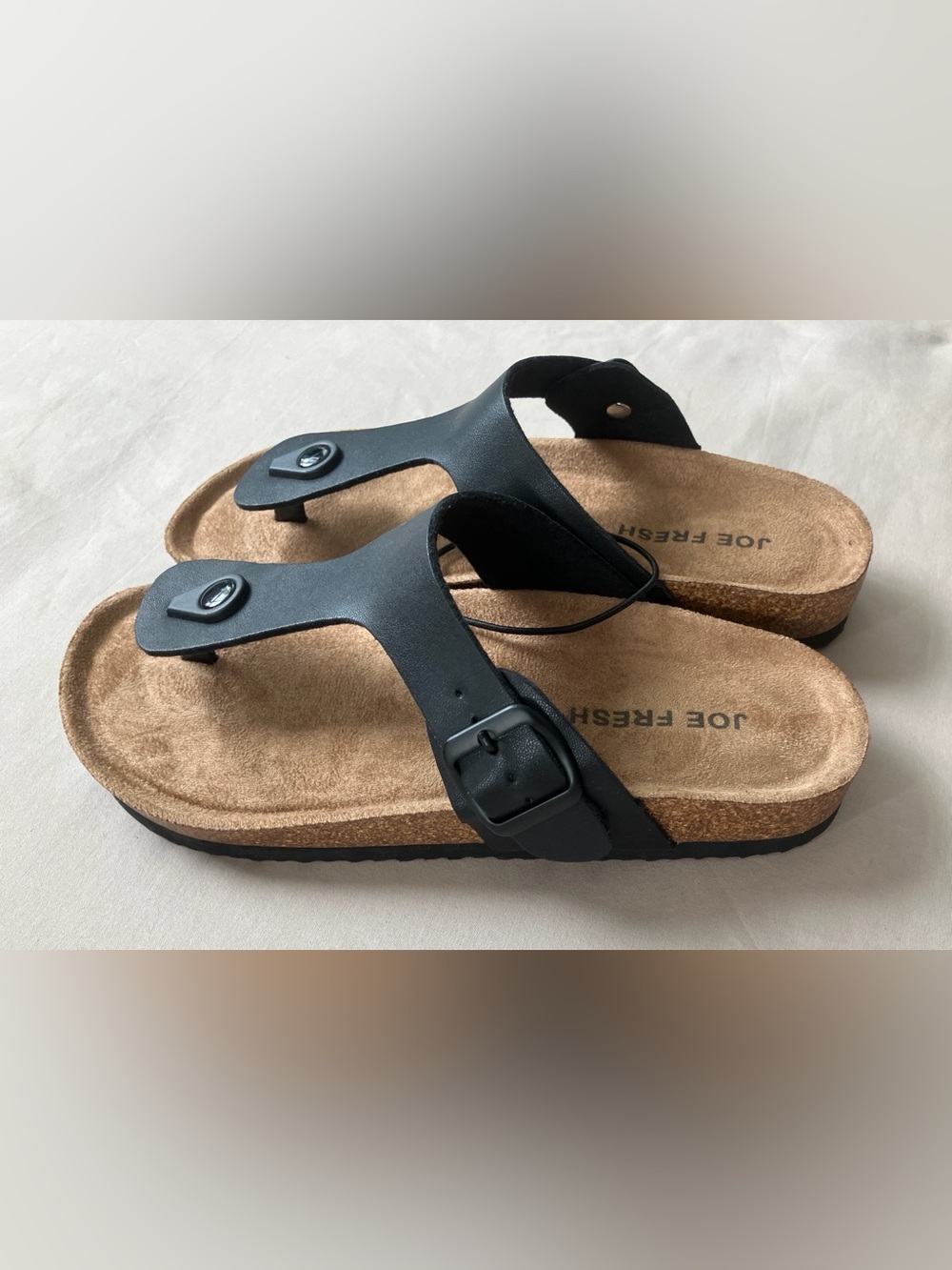 Joe Fresh Buckled T-Strap Sandals Size 7 Black Cork Footbed NWT - Picture 3 of 11